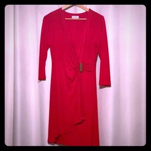 Red 3/4 sleeve stretch wrap Calvin Klein dress